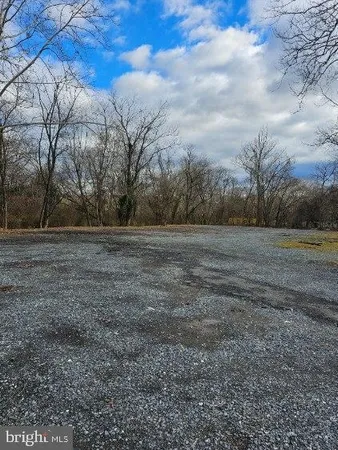 a view of dirt field with large trees
