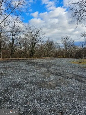 a view of dirt field with large trees