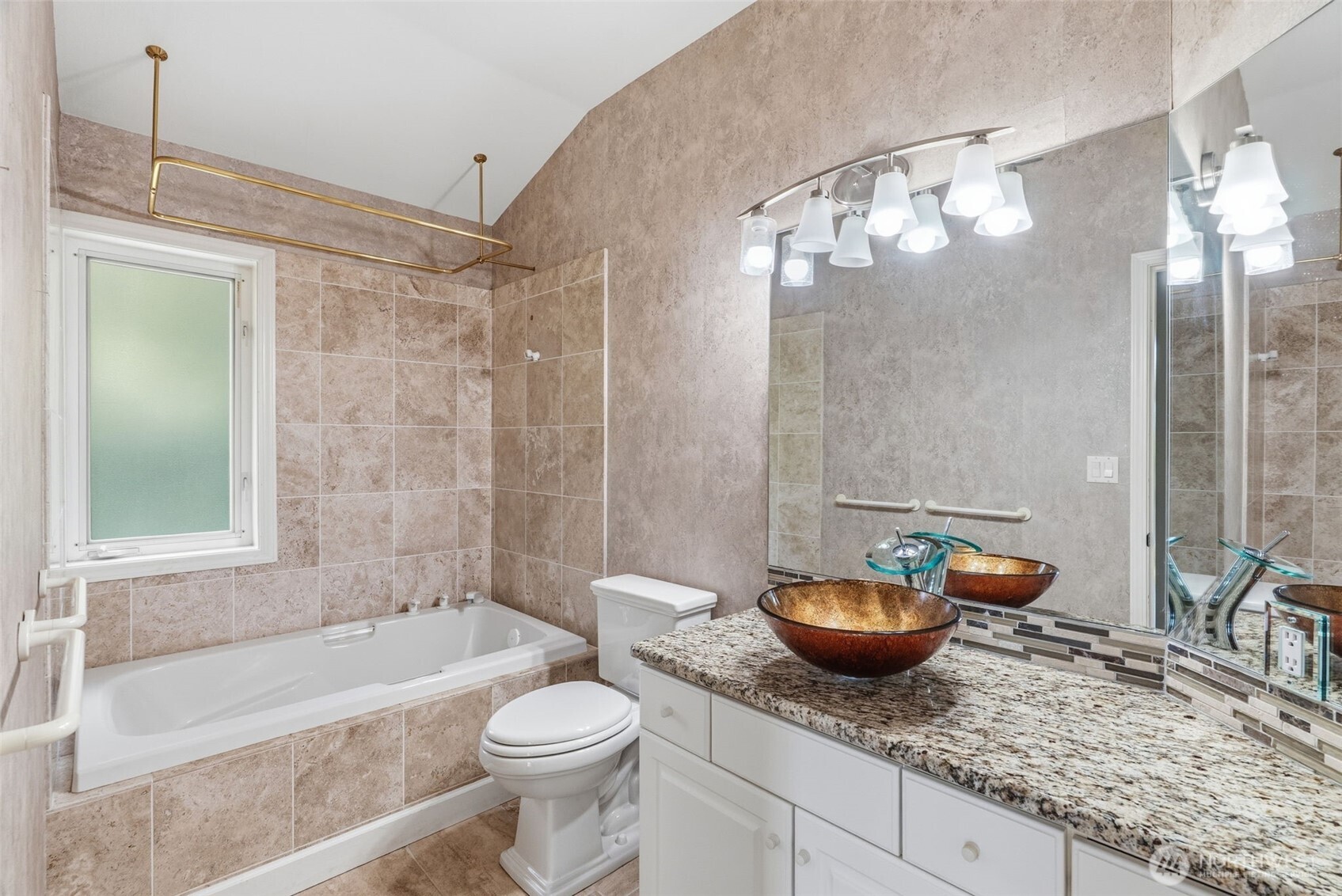 16 Little Cape Horn Road Cathlamet, WA 98612 - Photo 18 of 32 a bathroom with a granite countertop sink a toilet a mirror and shower