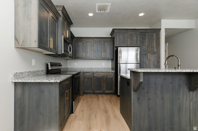 226 South 600 West Logan, UT 84321 - Photo 6 of 25 Kitchen featuring stainless steel appliances, light stone countertops, light wood-type flooring, recessed lighting, and a breakfast bar