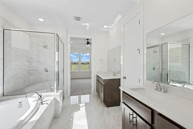 a bathroom with a bathtub double vanity sink and a shower