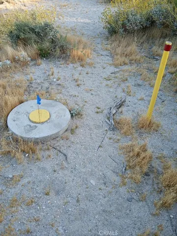 a view of a dry yard with mountains in the background