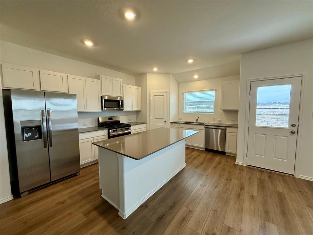 373 Jeffers Kyle, TX 78640 - Photo 5 of 26 Kitchen with stainless steel appliances, white cabinets, a kitchen island, dark wood finished floors, and recessed lighting