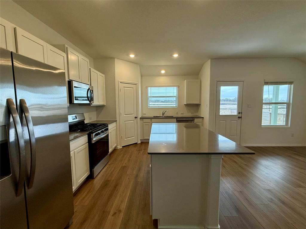 373 Jeffers Kyle, TX 78640 - Photo 6 of 26 Kitchen with stainless steel appliances, a kitchen island, white cabinetry, dark wood-style flooring, and recessed lighting