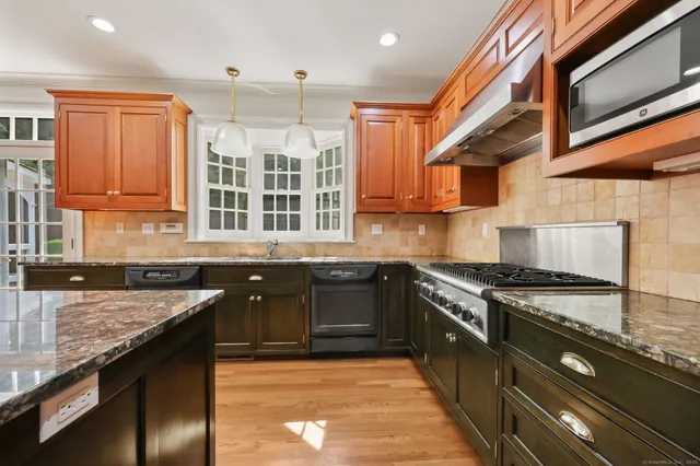 a kitchen with stainless steel appliances granite countertop a stove a sink dishwasher and cabinets with wooden floor