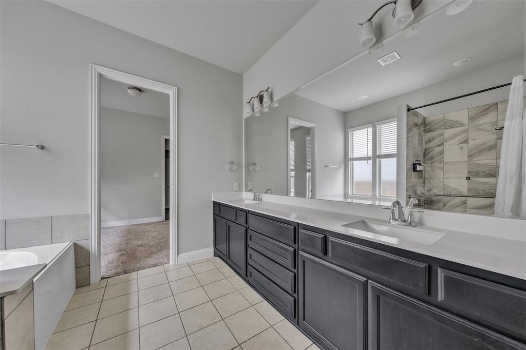 1802 Graham Way Mansfield, TX 76063 - Photo 17 of 38 a bathroom with a sink a large mirror and a shower