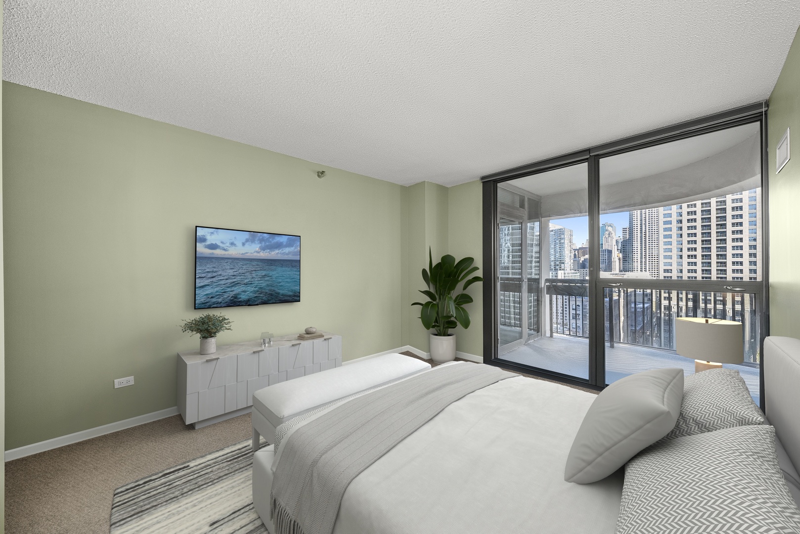 400 North LaSalle Drive, Unit 2002 Chicago, IL 60654 - Photo 12 of 30 a bedroom with a balcony a bed and a flat screen tv