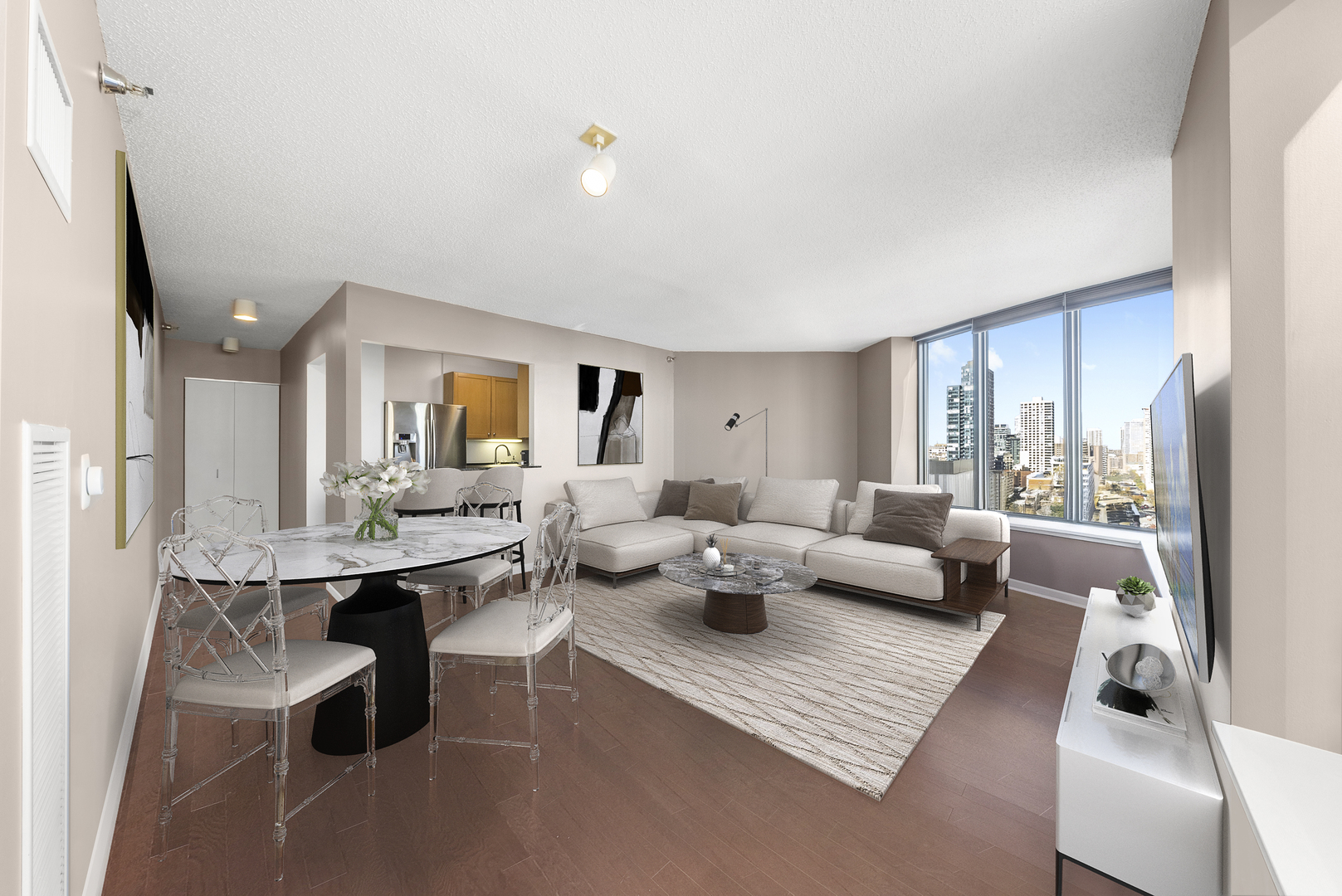 400 North LaSalle Drive, Unit 2002 Chicago, IL 60654 - Photo 6 of 30 a living room with furniture wooden floor and a large window