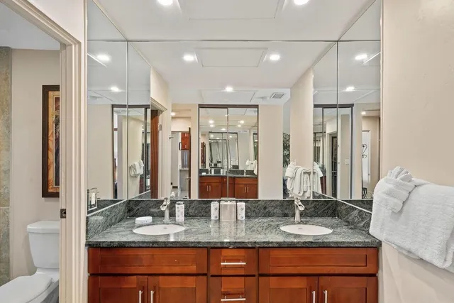 a bathroom with a granite countertop sink and a mirror