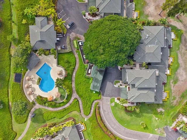 an aerial view of a swimming pool