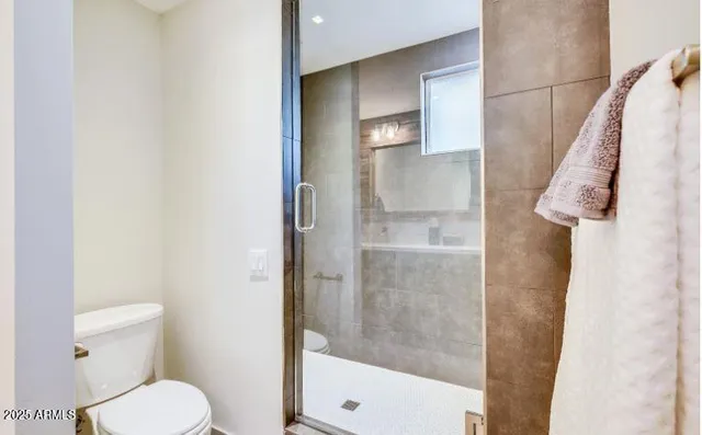 a bathroom with a shower and toilet