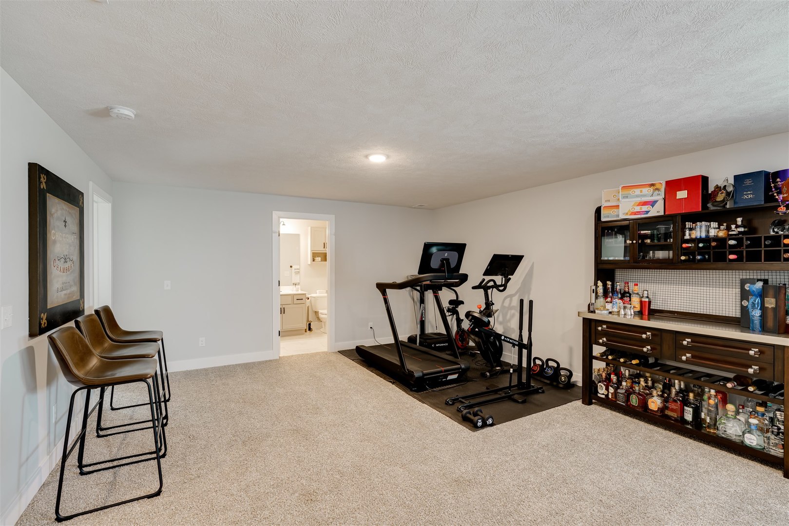 18 Red Maple Court Bloomington, IL 61705 - Photo 35 of 48 a living room with furniture a flat screen tv and gym equipment