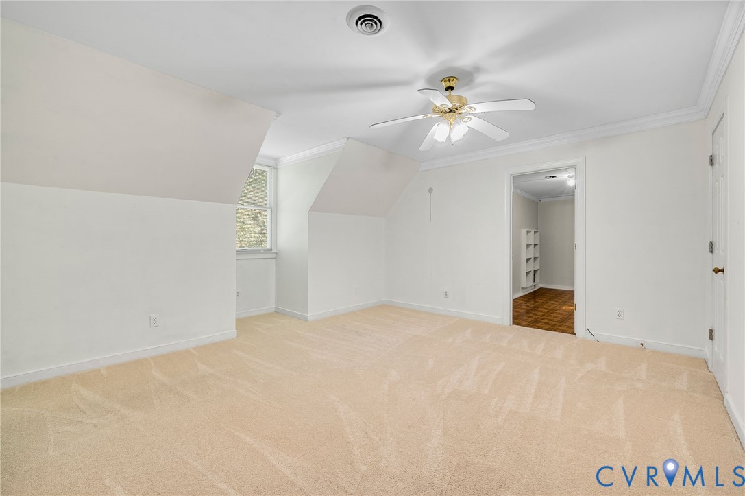 2409 Three Bridge Road Powhatan, VA 23139 - Photo 28 of 39 Carpeted room with a ceiling fan, crown molding, a