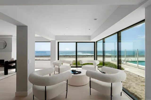 a living room with furniture and floor to ceiling window