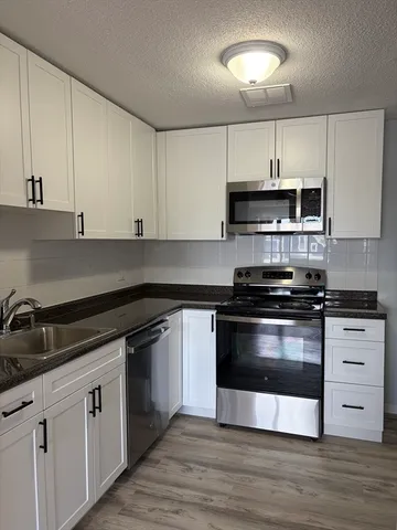 a kitchen with stainless steel appliances granite countertop a stove a sink and a microwave