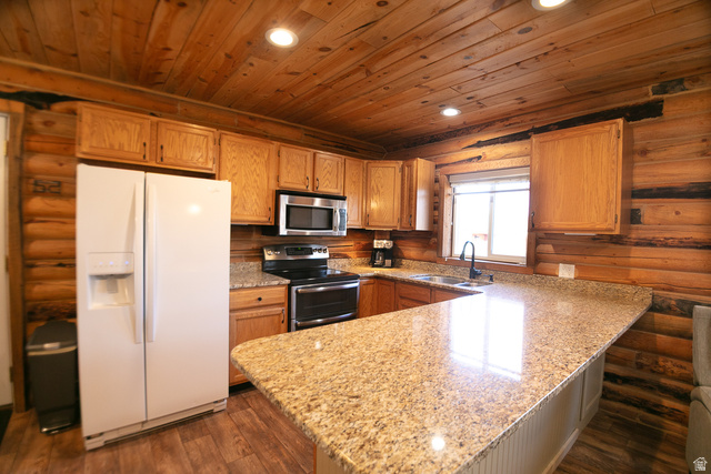 348 North Jakes Pl Road Loa, UT 84747 - Photo 19 of 26 Kitchen featuring appliances with stainless steel finishes, rustic walls, a peninsula, recessed lighting, and dark wood finished floors