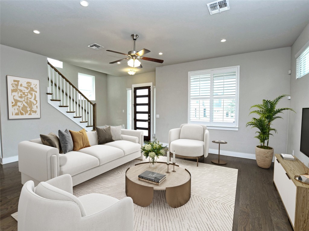 7509 Wildcat Pass Austin, TX 78757 - Photo 5 of 38 Living room featuring recessed lighting, dark wood-type flooring, a ceiling fan, and stairs