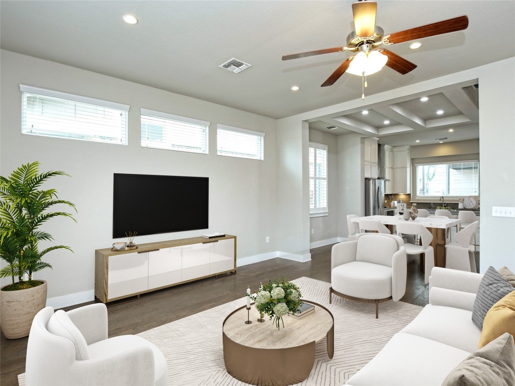 7509 Wildcat Pass Austin, TX 78757 - Photo 8 of 38 Living area featuring wood finished floors, ceiling fan, and recessed lighting
