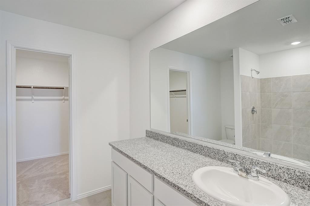 2817 Watchpoint Road Little Elm, TX 75068 - Photo 23 of 40 a bathroom with a granite countertop sink and a mirror