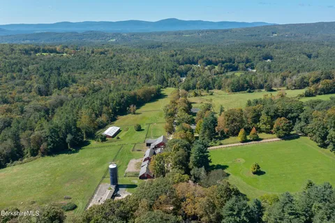 an aerial view of green landscape with trees houses and mountain view