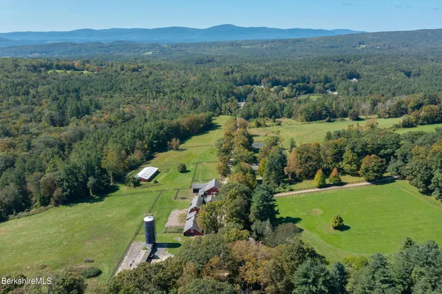 an aerial view of green landscape with trees houses and mountain view
