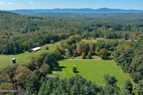 an aerial view of green landscape with trees houses and mountain view