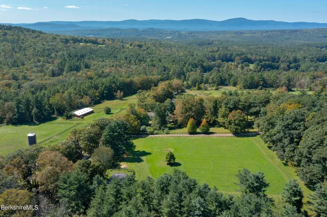 an aerial view of green landscape with trees houses and mountain view