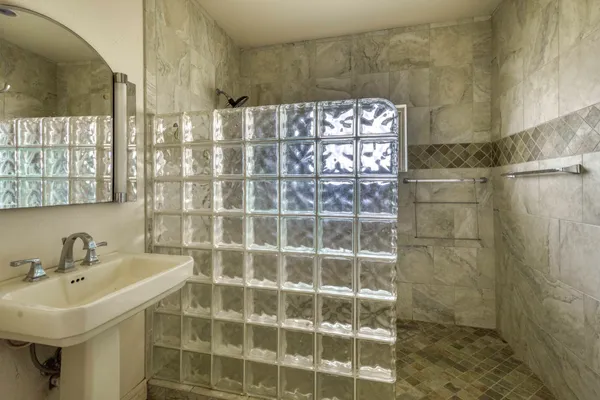 a bathroom with a sink and a shower