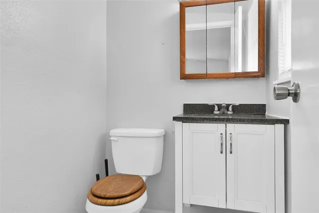 a bathroom with a toilet a sink and vanity
