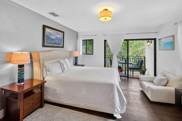 a bedroom with a bed and painting on the wall
