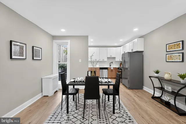 a view of a dining room with furniture