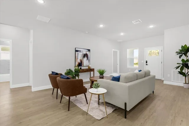a living room with furniture and a potted plant