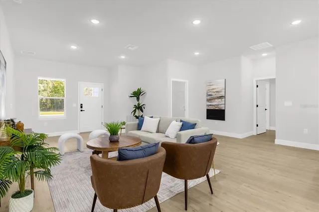 a living room with furniture potted plant and a window