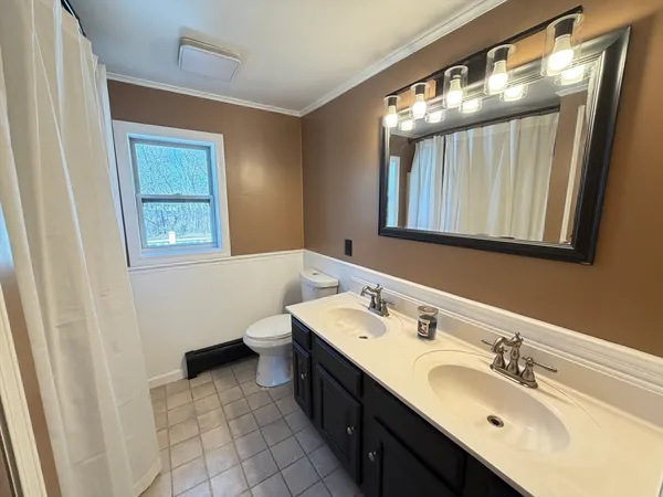 a bathroom with a double vanity sink mirror and