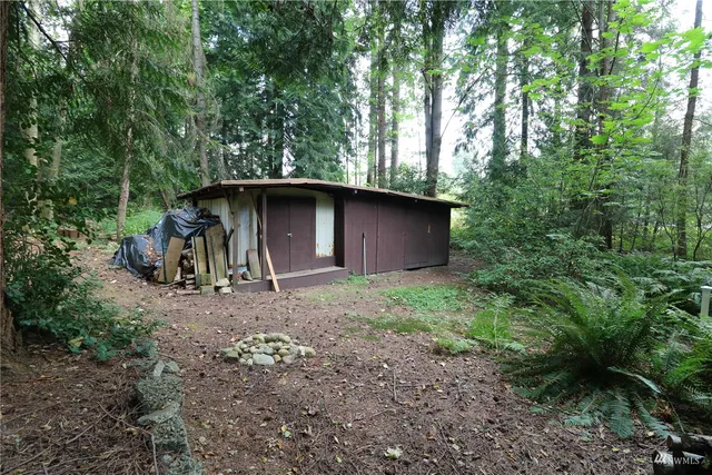 a view of a barn in the middle of a forest