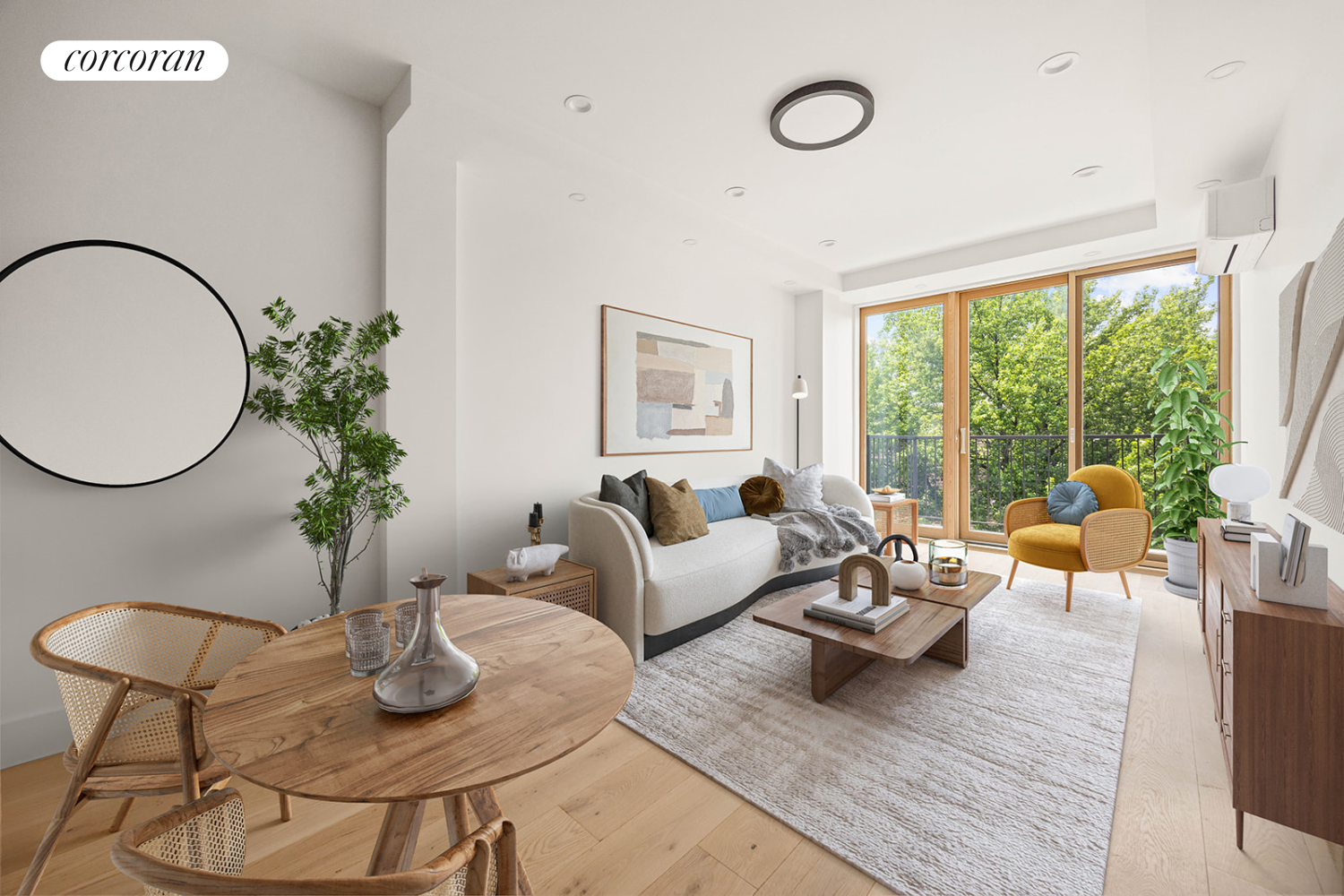 a living room with furniture potted plant and a large window