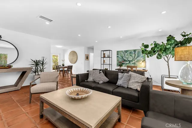 a living room with furniture and a potted plant