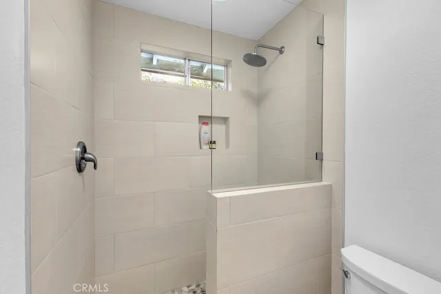 a bathroom with a shower and toilet