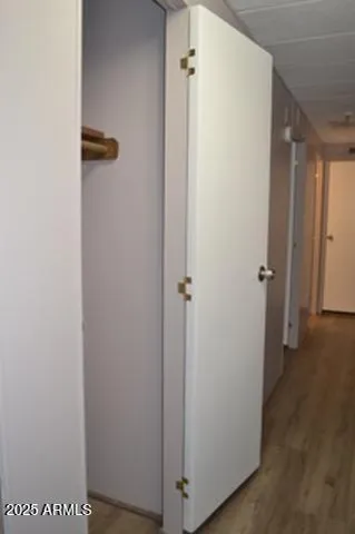 a view of a hallway with wooden floor