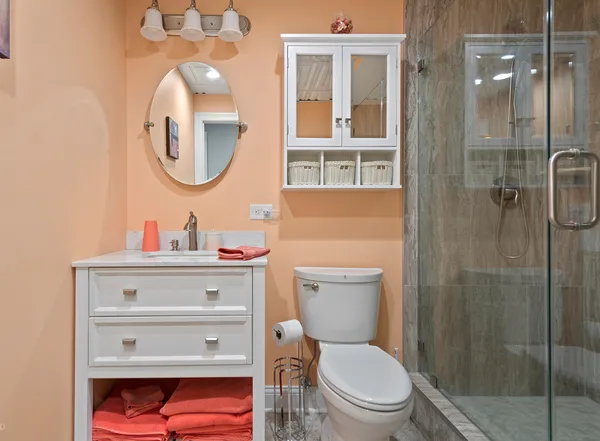 a bathroom with a toilet a sink a mirror and a shower