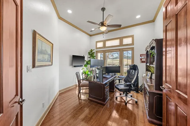 a workspace with wooden floor