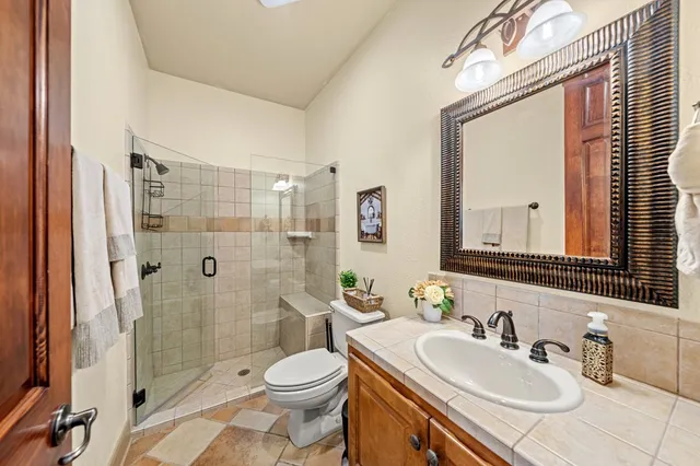 a bathroom with a sink a toilet and shower