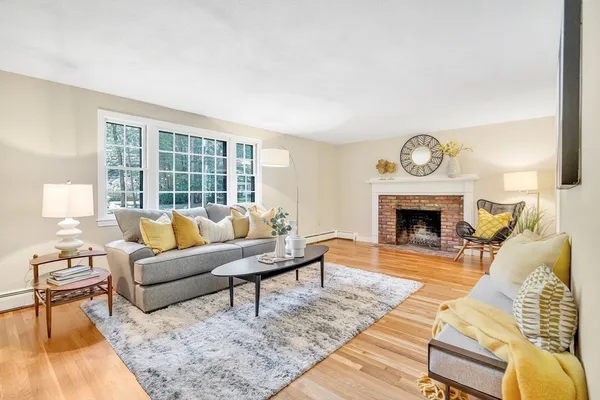 a living room with furniture a rug and a fireplace