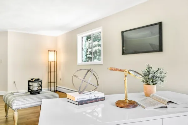 a living room with furniture and potted plant