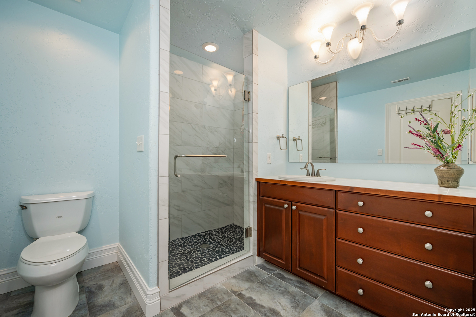 613 Saxet Trail Spring Branch, TX 78070 - Photo 19 of 41 a bathroom with a toilet a sink and mirror