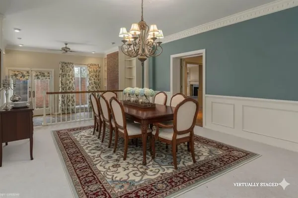 a view of a dining room with furniture