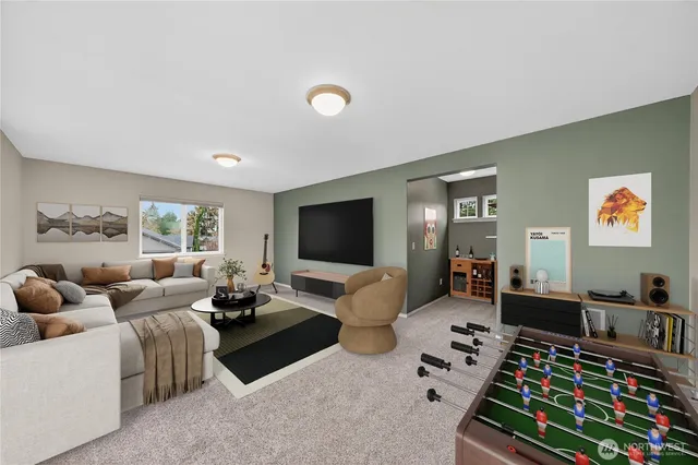 a living room with furniture large window and a flat screen tv