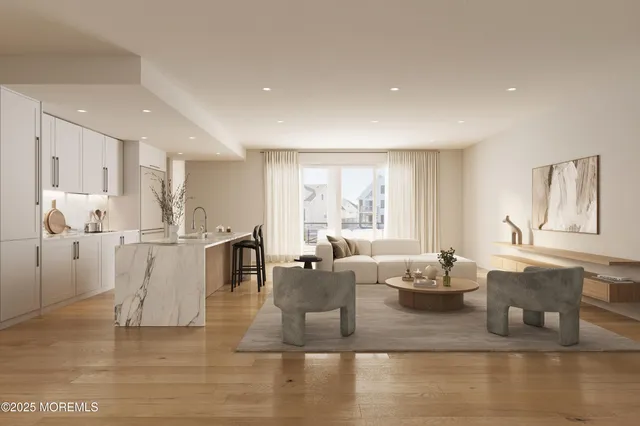 a living room with furniture large window and wooden floor