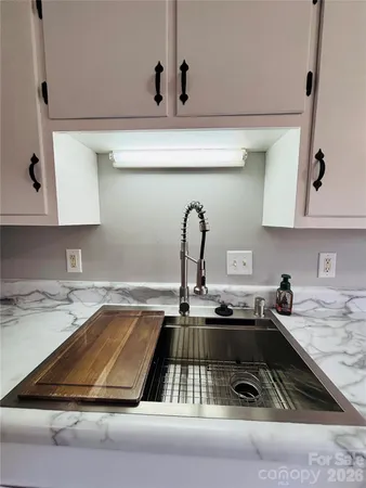 a kitchen with a sink and cabinets