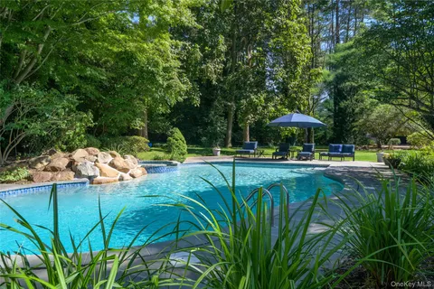 a view of a swimming pool with a yard